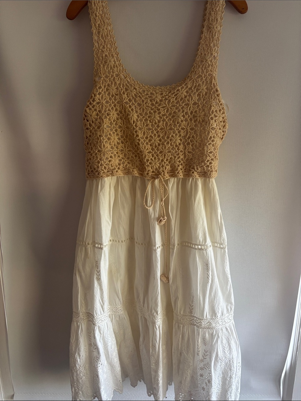 Anthropologie Cream and Beige Crochet-Bodice Midi Dress